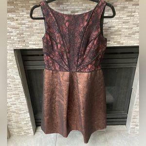 Adrianna Papell Lovely black and copper rust pink lace metallic corset dress